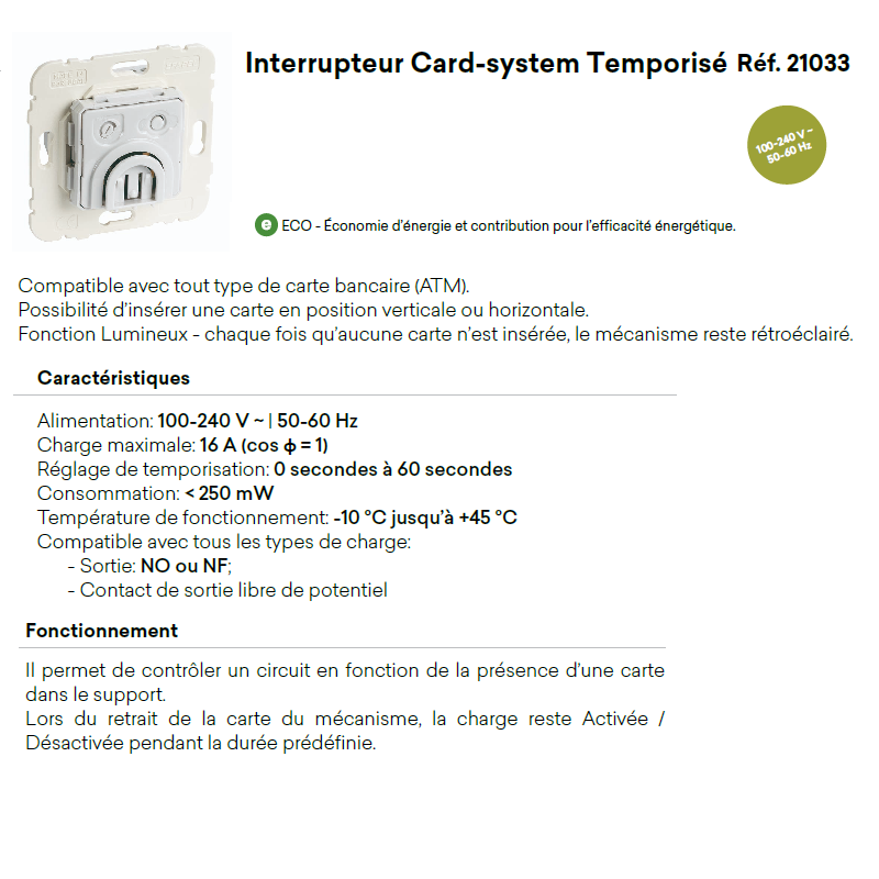 Mécanisme d'Interrupteur Card System Temporisé
