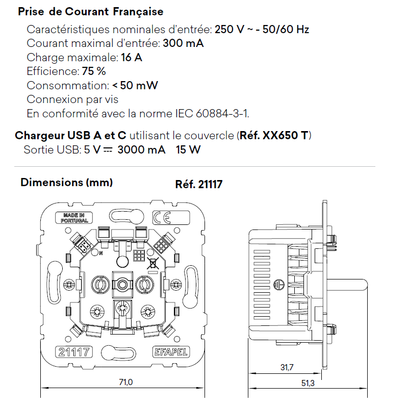 Mécanisme de Prise de courant Française avec USB