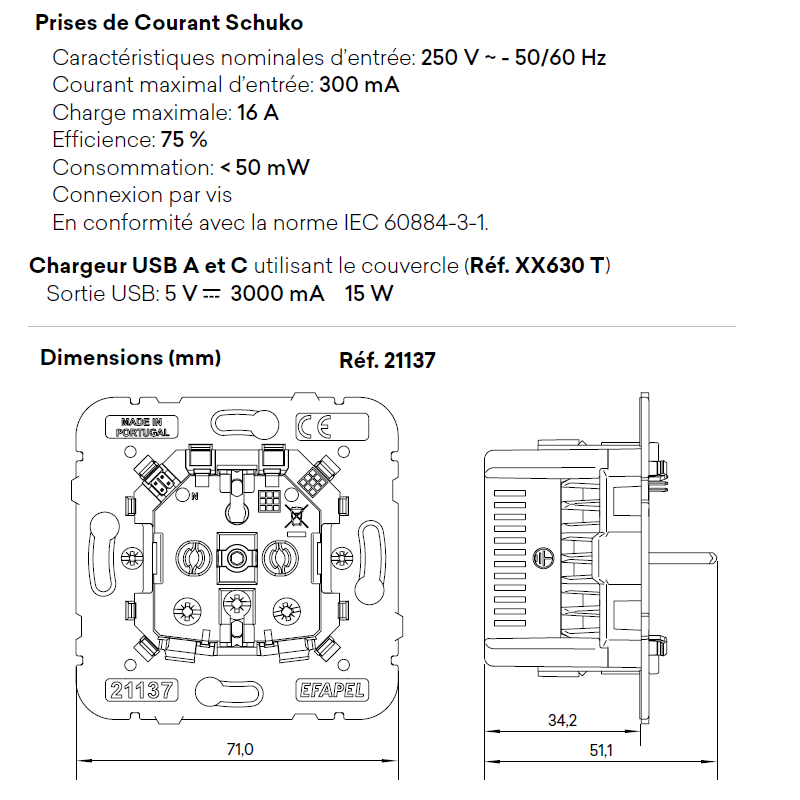 Mécanisme de Prise de courant Schuko avec USB