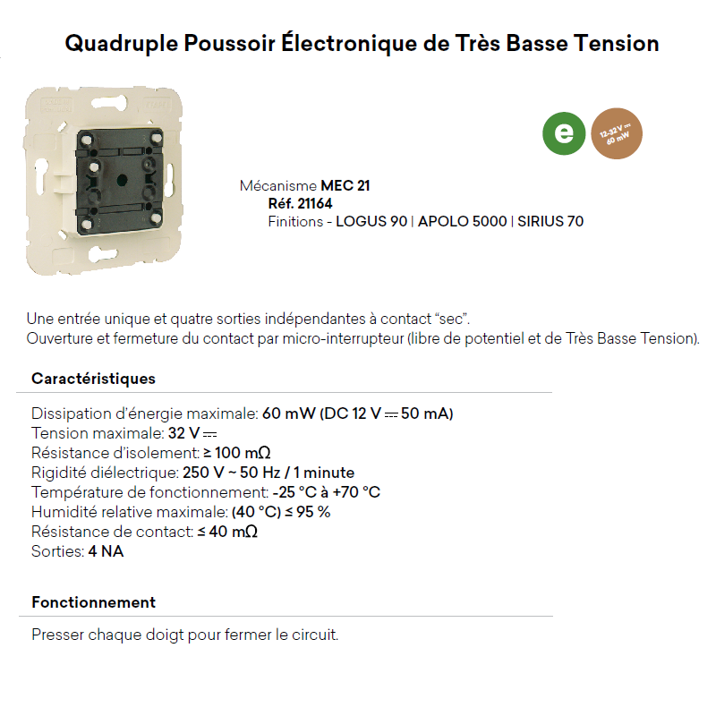 Mécanisme de Poussoir Quadruple de Très Basse Tension