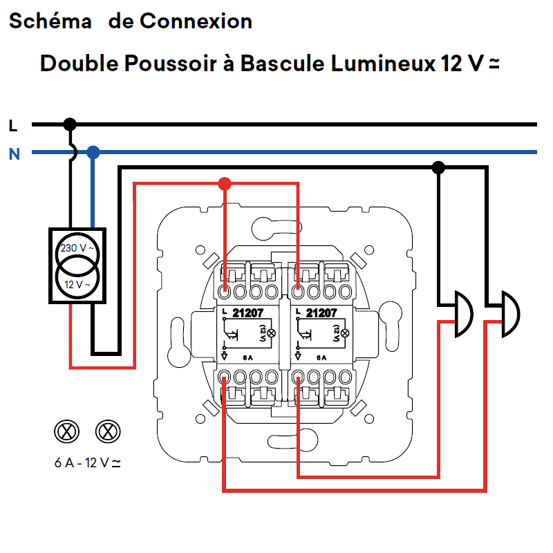 Mécanisme Poussoir à Bascule Double Lumineux - 12V