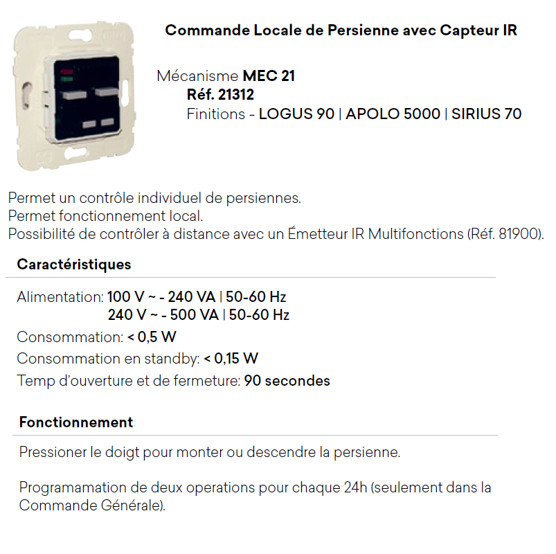 Mécanisme de Commande Locale de Persienne avec Capteur IR