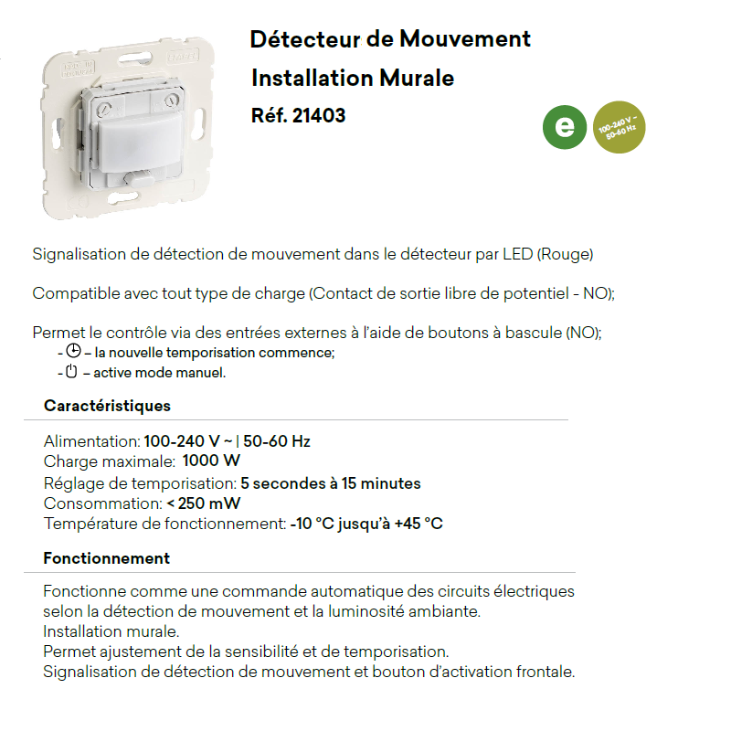 Mécanisme de Détecteur de Mouvement - Installation Murale 1000W