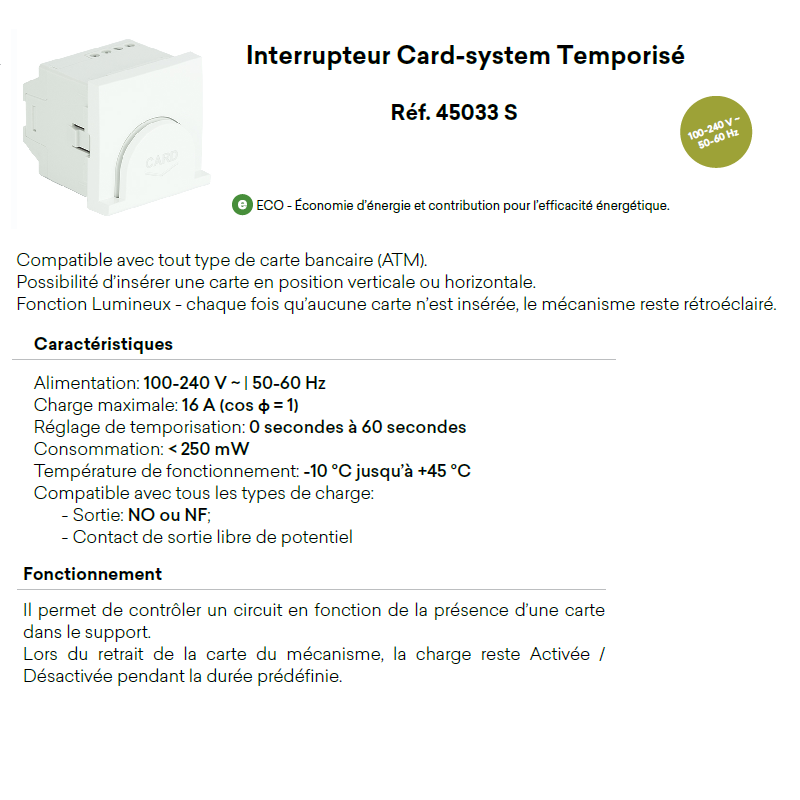 Interrupteur Card System Quadro 45 - 2 Modules