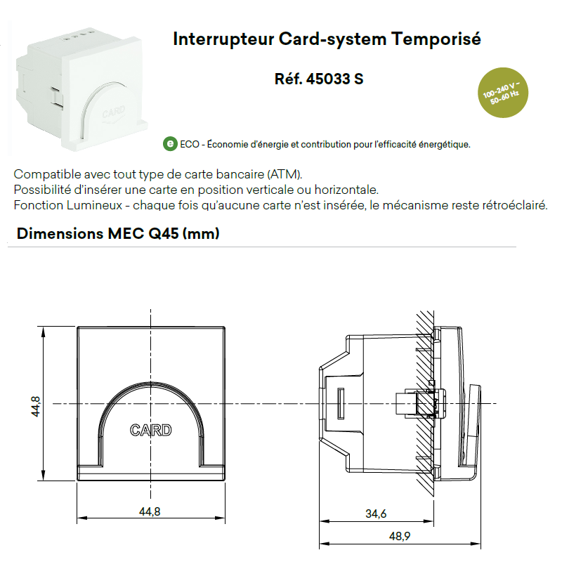 Interrupteur Card System Quadro 45 - 2 Modules