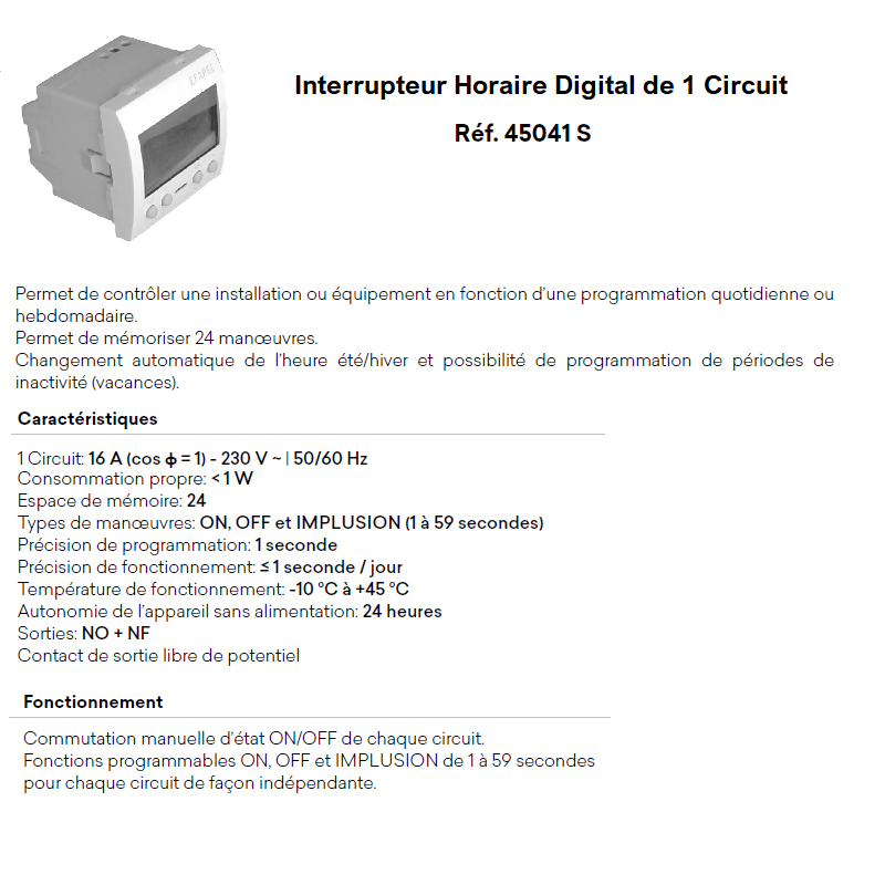 Interrupteur Horaire Digital 1 Circuit - 2 Modules Quadro 45