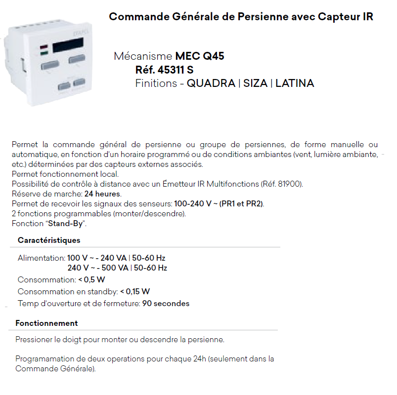 Commande Générale de Persienne avec Capteur IR - 2 Modules QUADRO45
