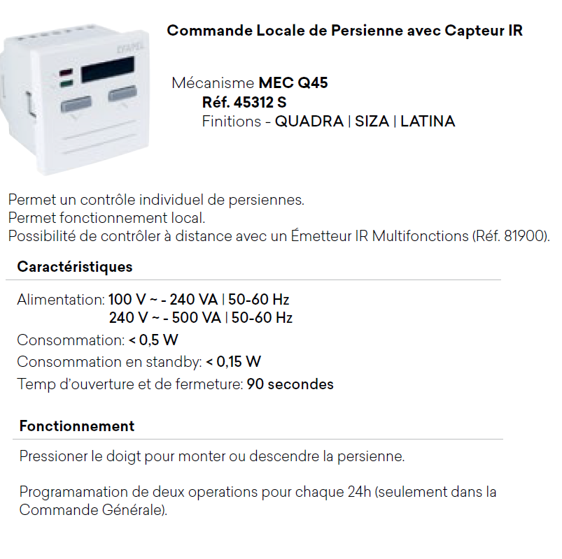 Commande Locale de Persienne avec Capteur IR - 2 Modules Quadro 45