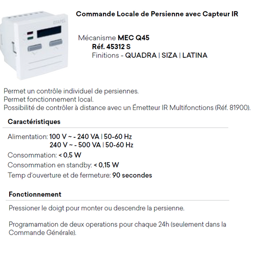 Commande Locale de Persienne avec Capteur IR - 2 Modules Quadro 45