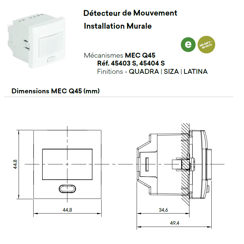 Détecteur de Mouvement Mural 1000W - 2 Modules Quadro 45