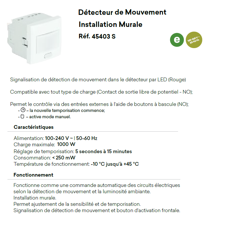 Détecteur de Mouvement Mural 1000W - 2 Modules Quadro 45