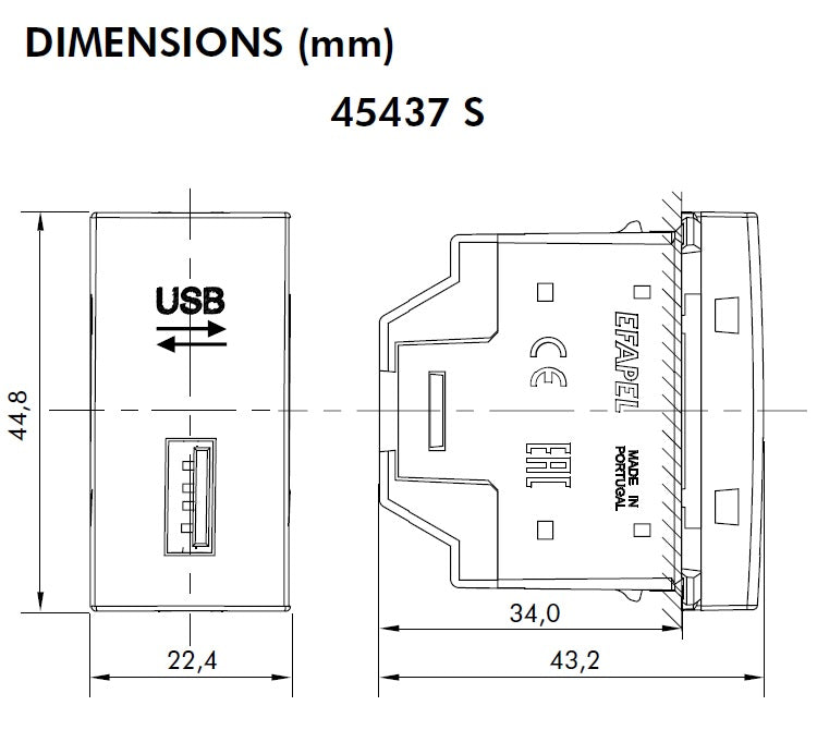 Prise USB Semi-Assemblée Quadro45 - 1 Module