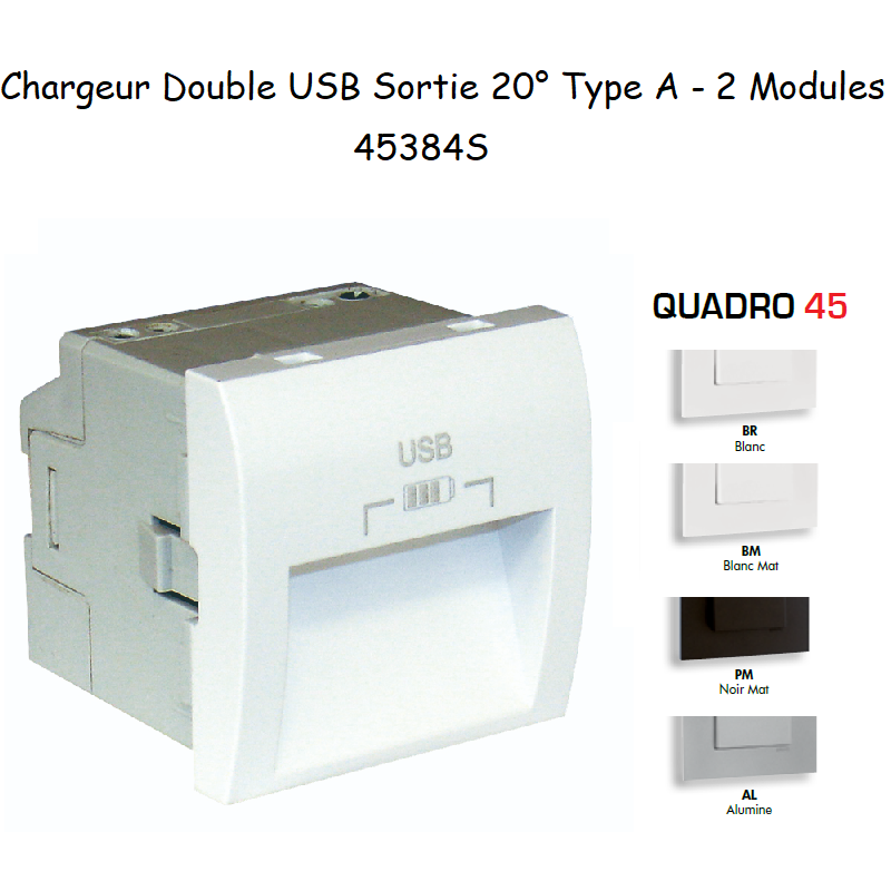 Double Chargeur USB Sorties à 20° Type A - 2 Modules Quadro 45