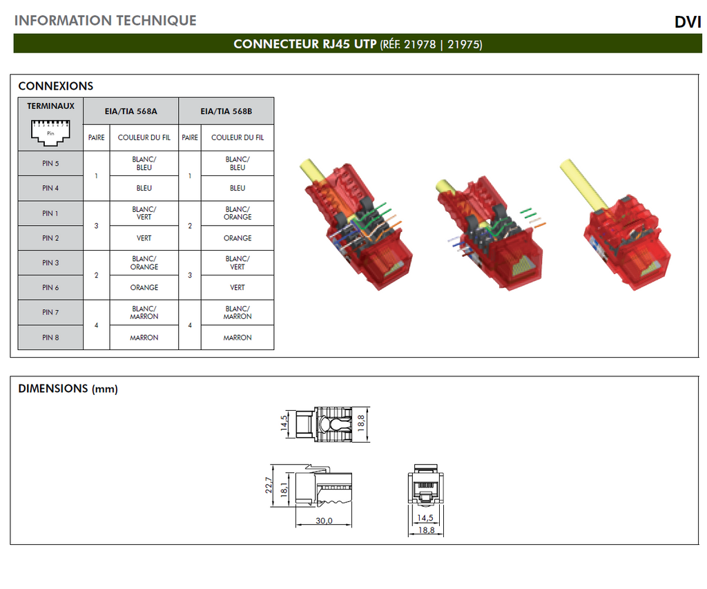 Connecteur RJ45 Cat. 6 UTP (250MHz)