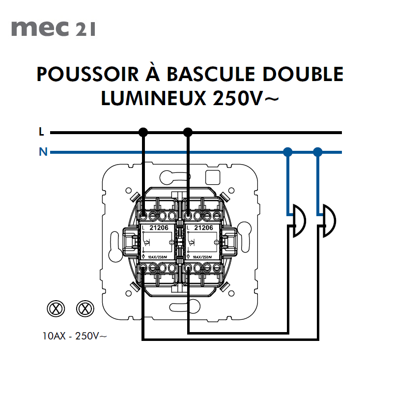 Mécanisme de Poussoir à Bascule Double Lumineux - 250V~