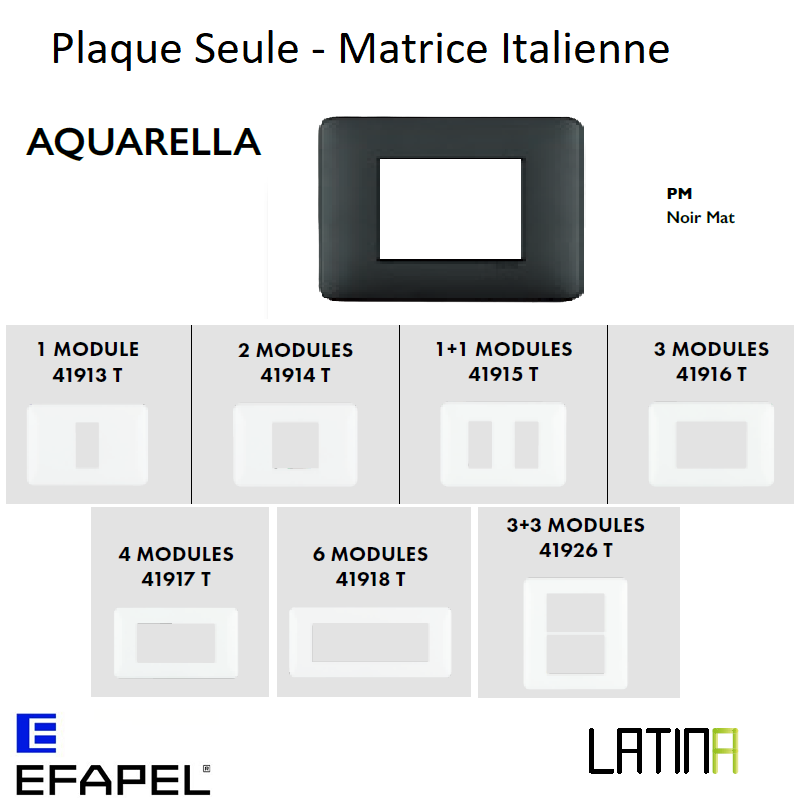 Plaque LATINA Aquarella Matrice Italienne 1 à 6 Modules - NOIR MAT