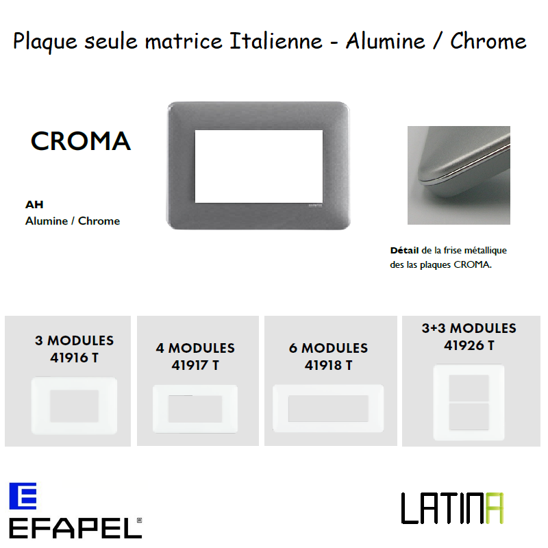 Plaque LATINA CROMA Matrice Italienne 3 à 6 Modules - ALUMINE / CHROME