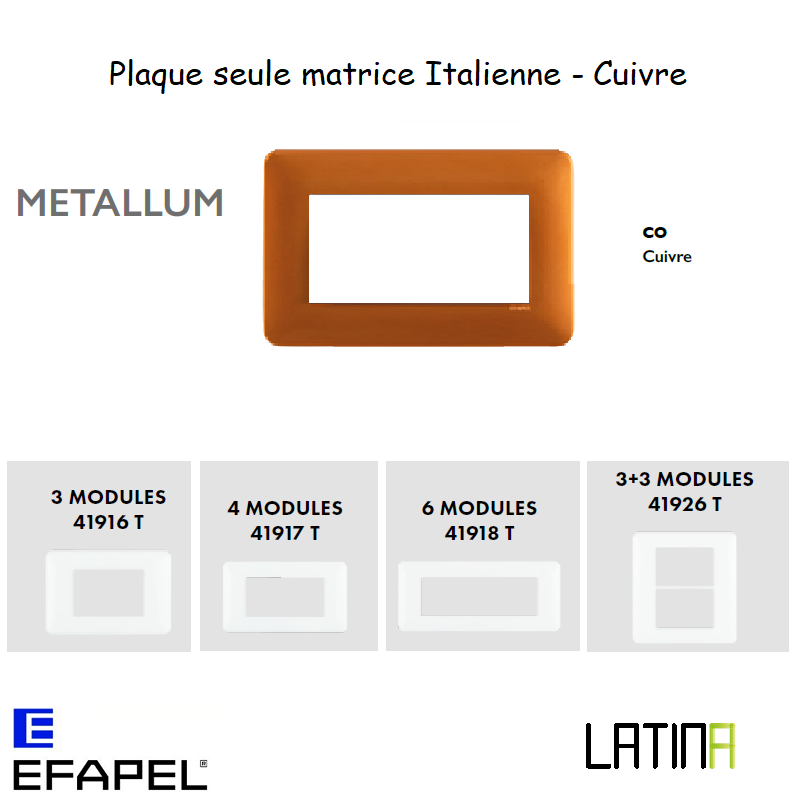 Plaque LATINA METALLUM Matrice Italienne 3 à 6 Modules - CUIVRE