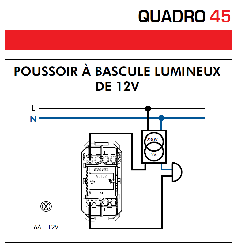 Poussoir à Bascule Lumineux 12V Semi-Assemblé - 2 Modules QUADRO 45
