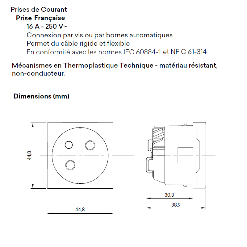 Prise de Courant 2P+T Semi-Assemblée Quadro45 - Inclinée 45°