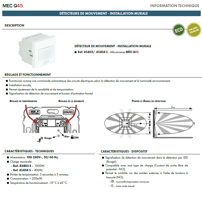 Détecteur de Mouvement Mural 1000W - 2 Modules Quadro 45